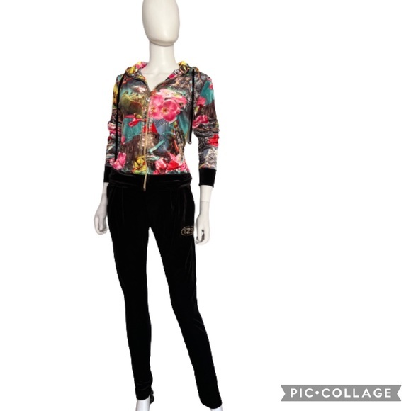 WOMEN VELOUR TRACKSUIT 2P SET JACKET/BLACK PANTS LOUNGEWEAR FLORAL PRINT HOODED‎ - Picture 12 of 12